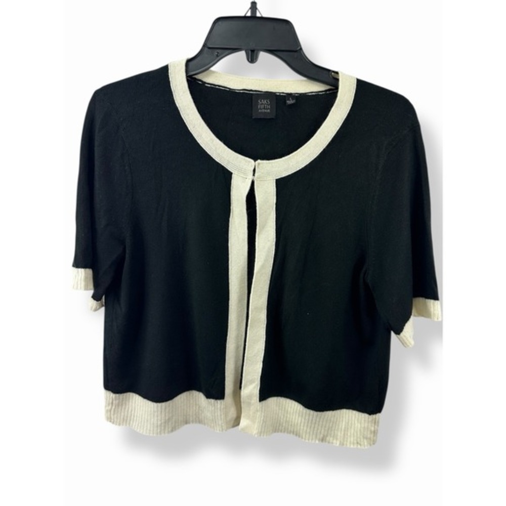 Saks Fifth Avenue Silk Cashmere Blend Open-Front Cardigan Sweater Black/White‎ L